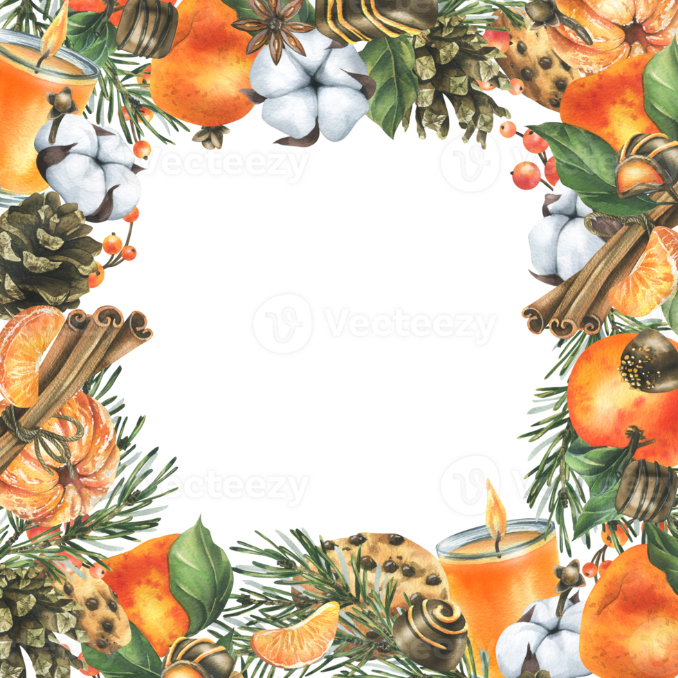 mandarinas con algodón, pino ramas y conos, dulces, vela y especias acuarela ilustración mano dibujado para Navidad decoración. cuadrado marco aislado png