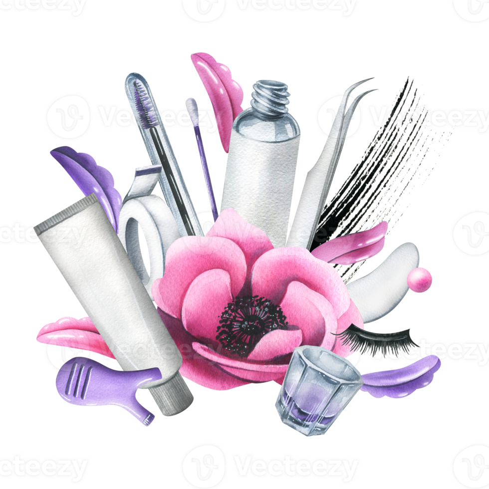 Tools and cosmetics for eyelash lamination with brushes, silicone rollers, anemone flower and strokes of paint. Watercolor illustration, hand drawn. Isolated composition png