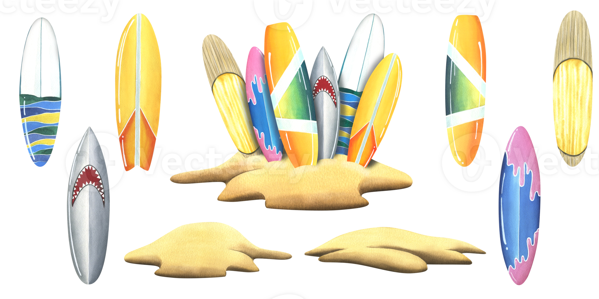 Different, bright, colorful surfboards stuck in the sand on a tropical island. Watercolor illustration hand drawn. A set isolated composition with elements png