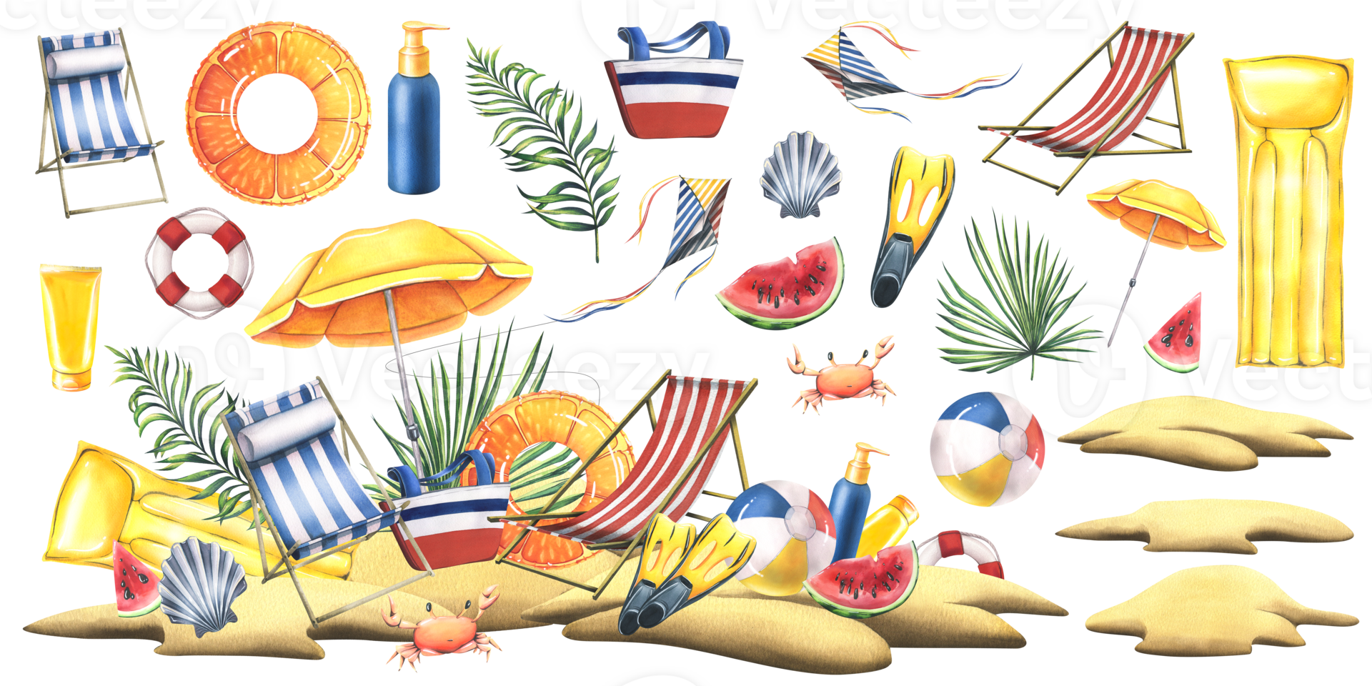 mar playa con Dom tumbonas, inflable juguetes, Dom paraguas, tropical palma hojas. acuarela ilustración, mano dibujado. un conjunto aislado composición con elementos png