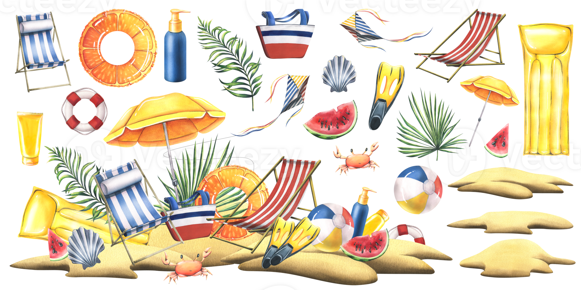 Sea beach with sun loungers, inflatable toys, sun umbrella, tropical palm leaves. Watercolor illustration, hand drawn. A set isolated composition with elements png