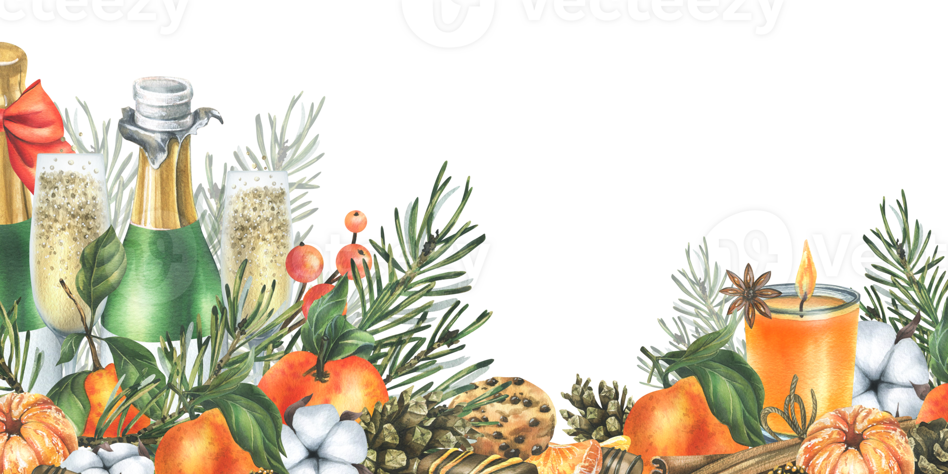 Christmas decor with tangerines, champagne, sweets and pine branches. Watercolor illustration, hand drawn. For congratulations and holiday. Horizontal border png