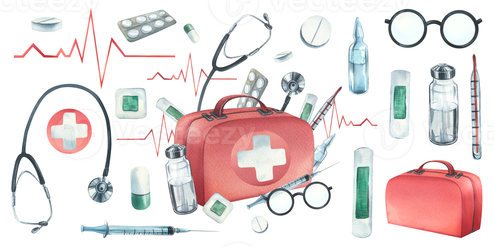 Red medical case, first aid kit with stethoscope, injections, plaster, pills and glasses. Watercolor illustration, hand drawn. Composition with elements isolated png