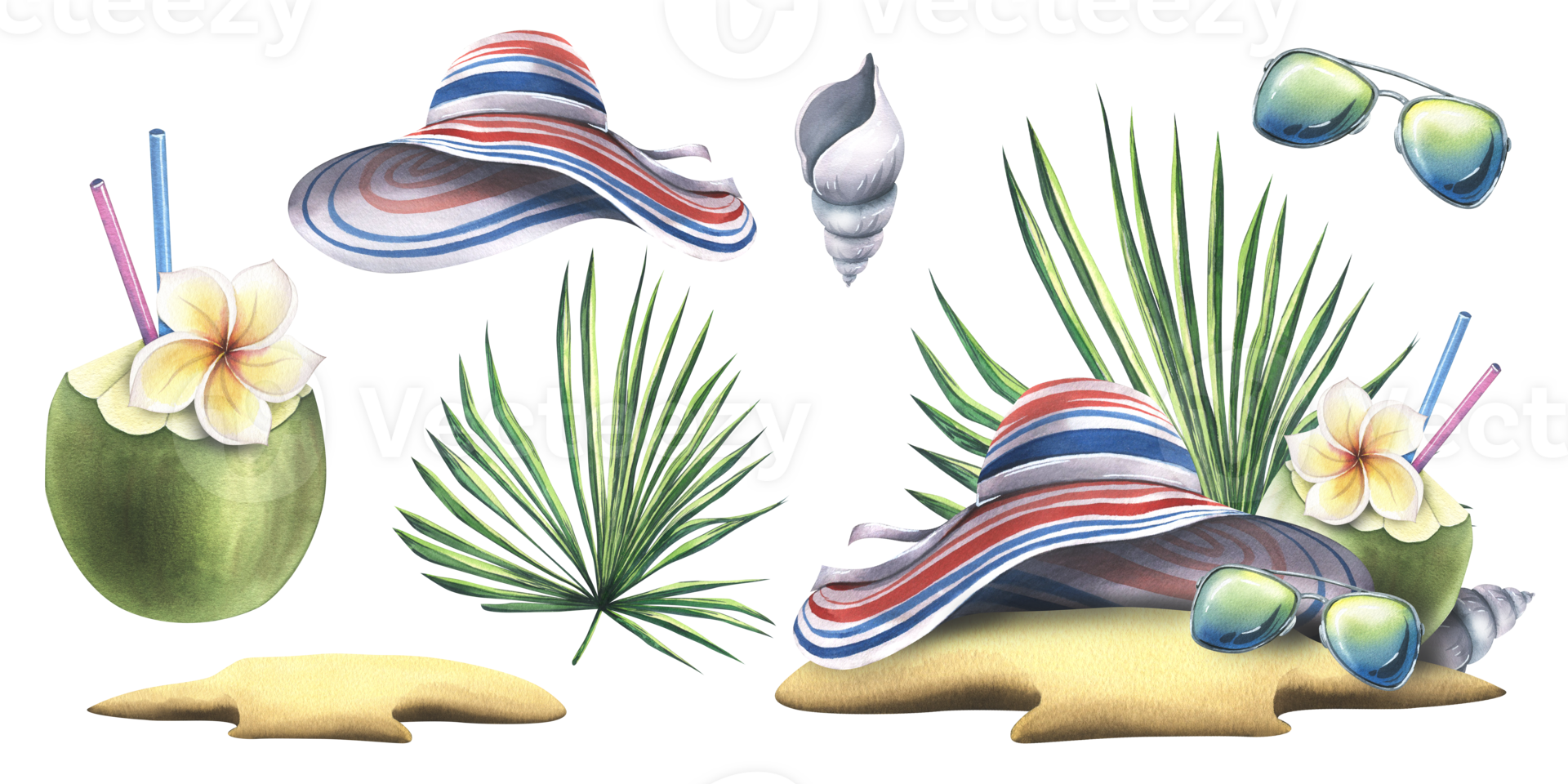 Striped summer beach hat on the sand with sunglasses, tropical palm leaves, cocktail in coconut and sea shells. Watercolor illustration, hand drawn. Set of isolated objects png