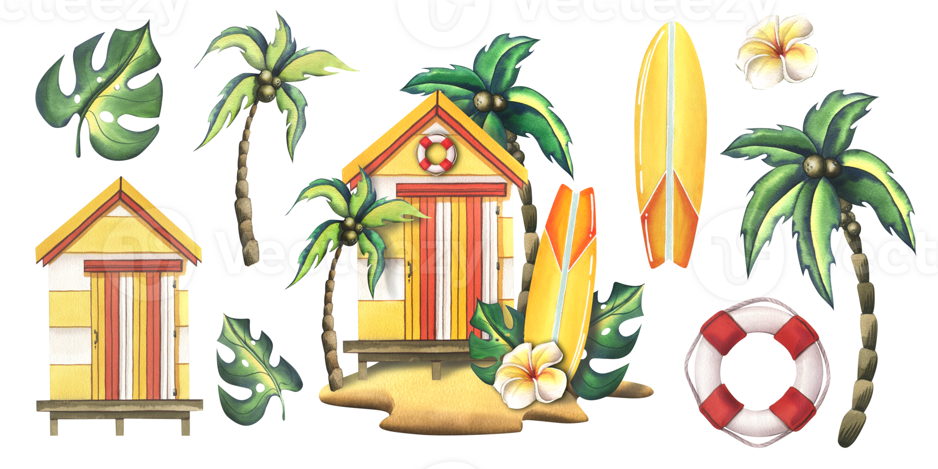 Fishing beach, striped wooden house with a surfboard, palm trees, tropical leaves. Watercolor illustration hand drawn. A set isolated composition with elements png