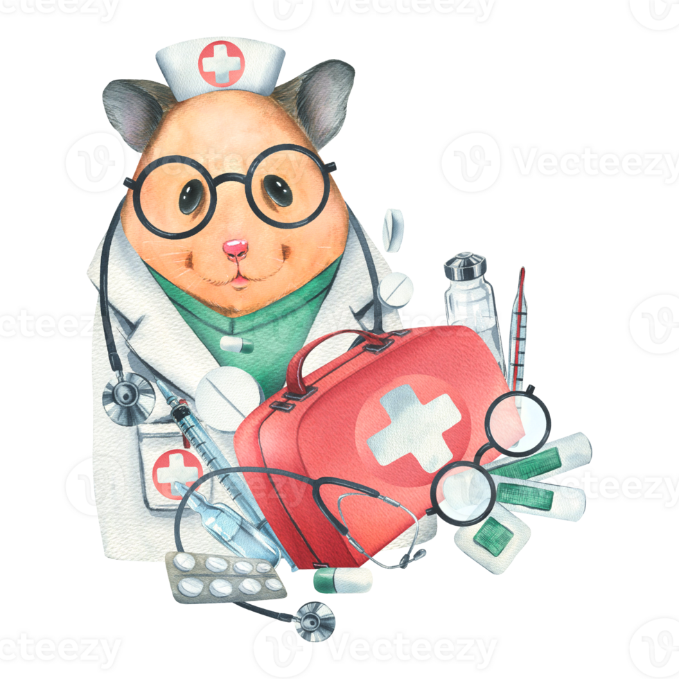 Hamster doctor in a dressing gown, glasses, with a stethoscope, a suitcase and medical instruments, pills, injections. Watercolor illustration, hand drawn. Isolated composition png