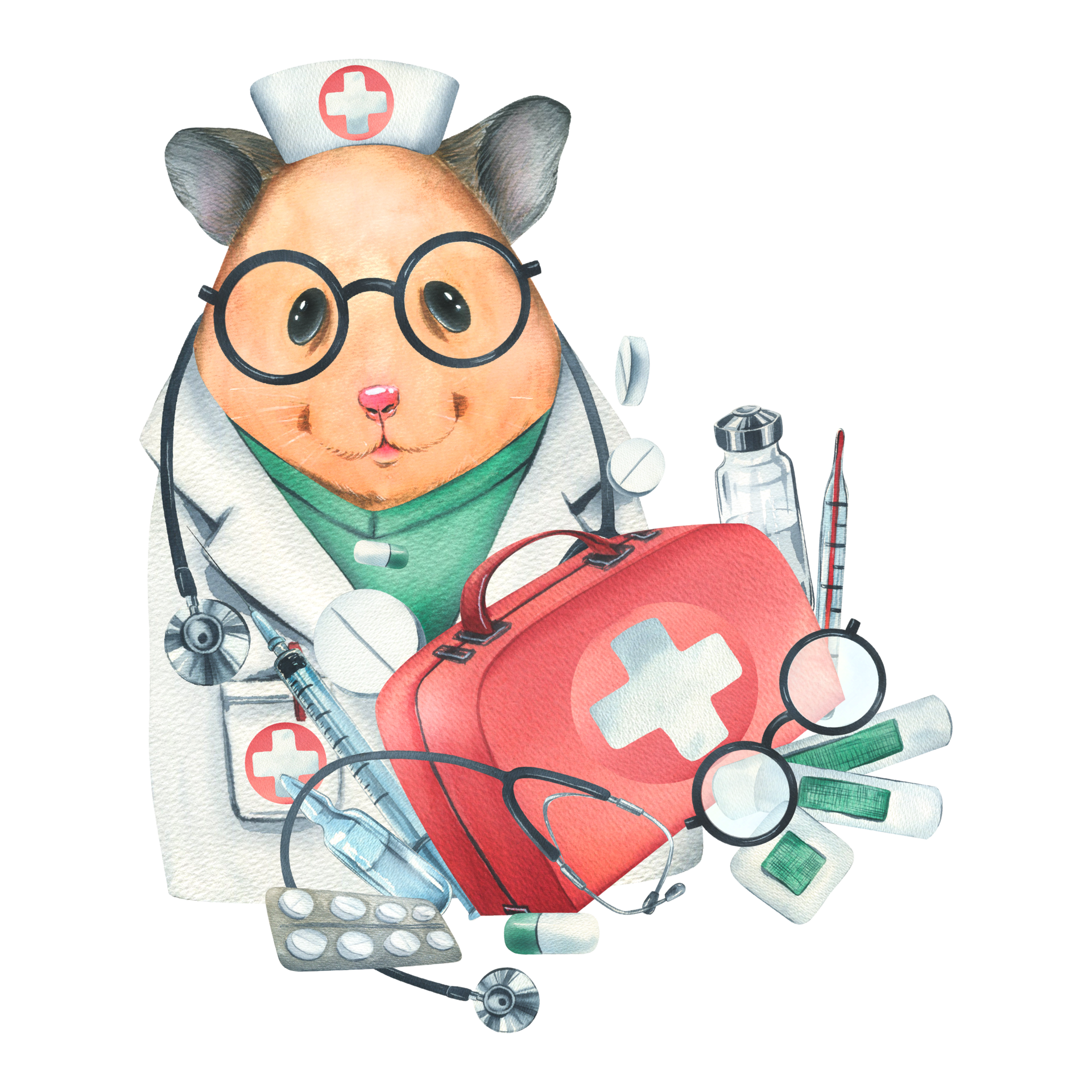 https://static.vecteezy.com/system/resources/previews/026/539/335/original/hamster-doctor-in-a-dressing-gown-glasses-with-a-stethoscope-a-suitcase-and-medical-instruments-pills-injections-watercolor-illustration-hand-drawn-isolated-composition-png.png