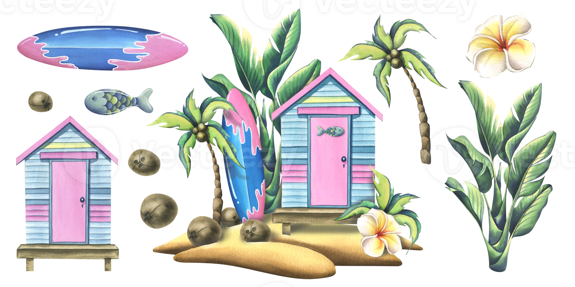 Wooden striped beach cabin with surfboard, palm trees, coconuts on a sandy island. Watercolor illustration, hand drawn. Isolated composition with elements png