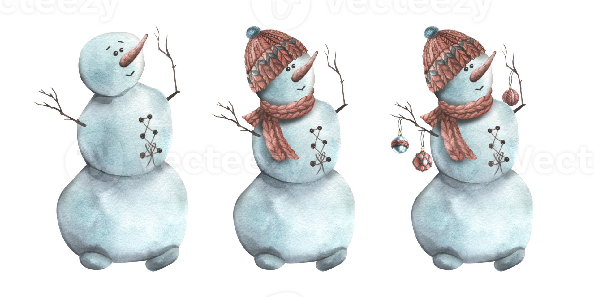 Snowmen in a hat with a scarf and toys with Christmas balls. Watercolor illustration, hand drawn. Set of isolated elements png