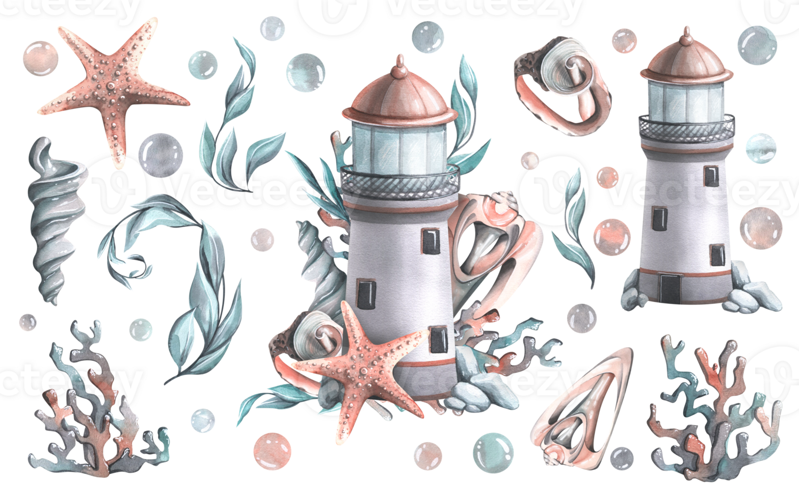 A marine lighthouse with algae, corals, shells and a starfish. Watercolor illustration hand drawn. For prints, posters, stickers, postcards.Aset isolated elements png
