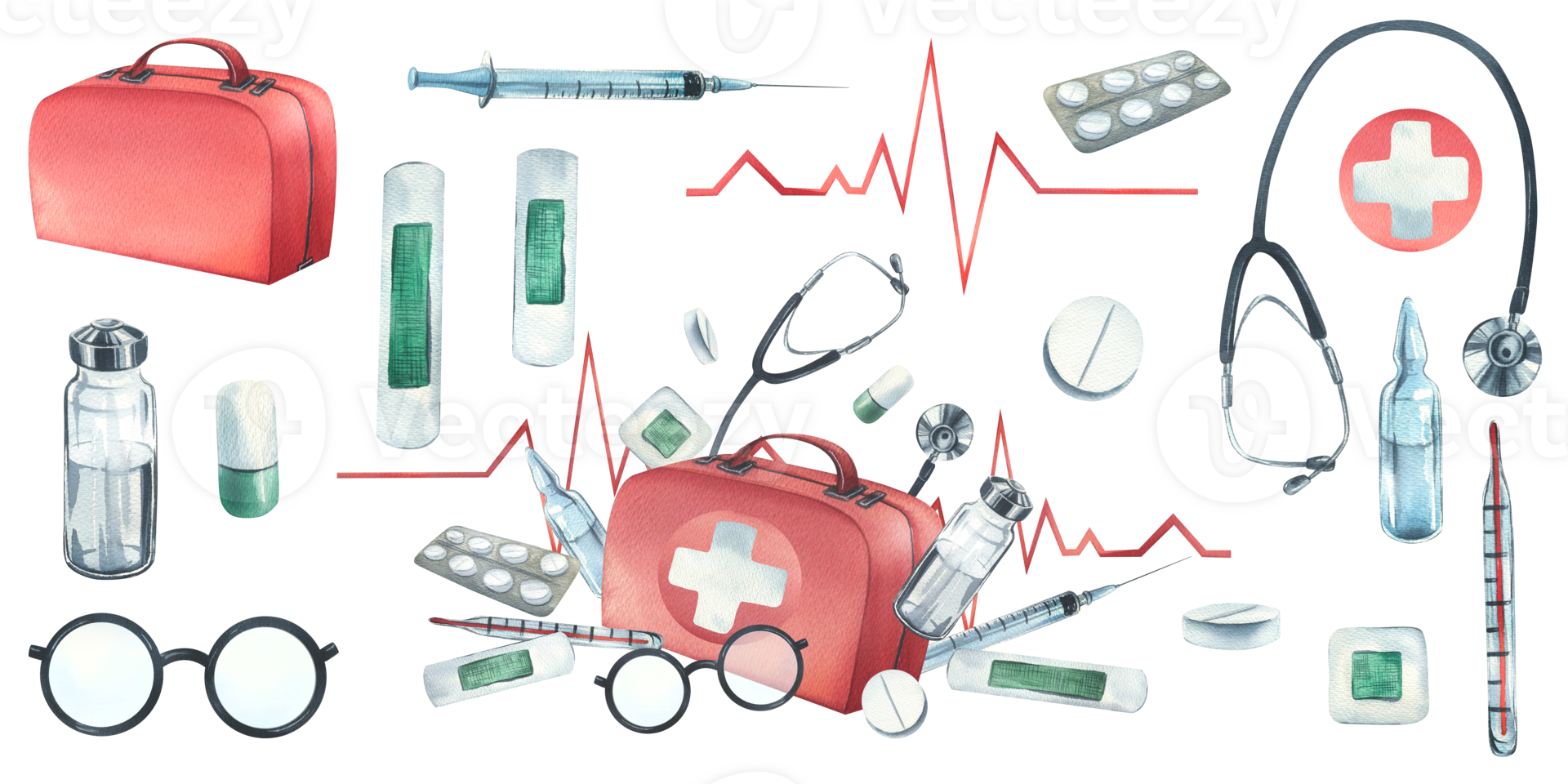 Red medical case, first aid kit with stethoscope, injections, plaster, pills and glasses. Watercolor illustration, hand drawn. Composition with elements isolated png