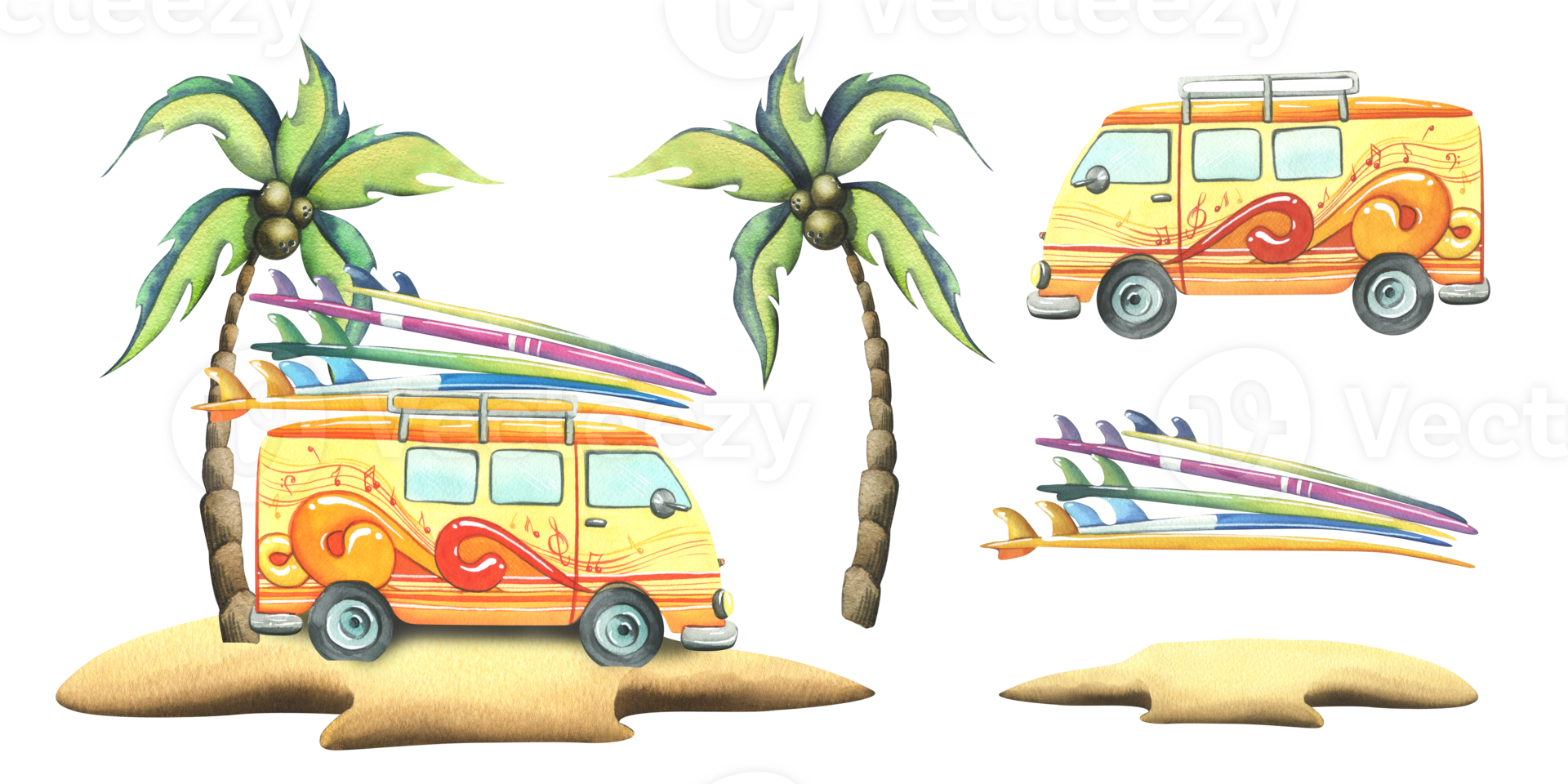 A yellow van with surfboards on the roof is walking along a sandy island with a coconut tree. Watercolor illustration, hand drawn. Isolated elements png