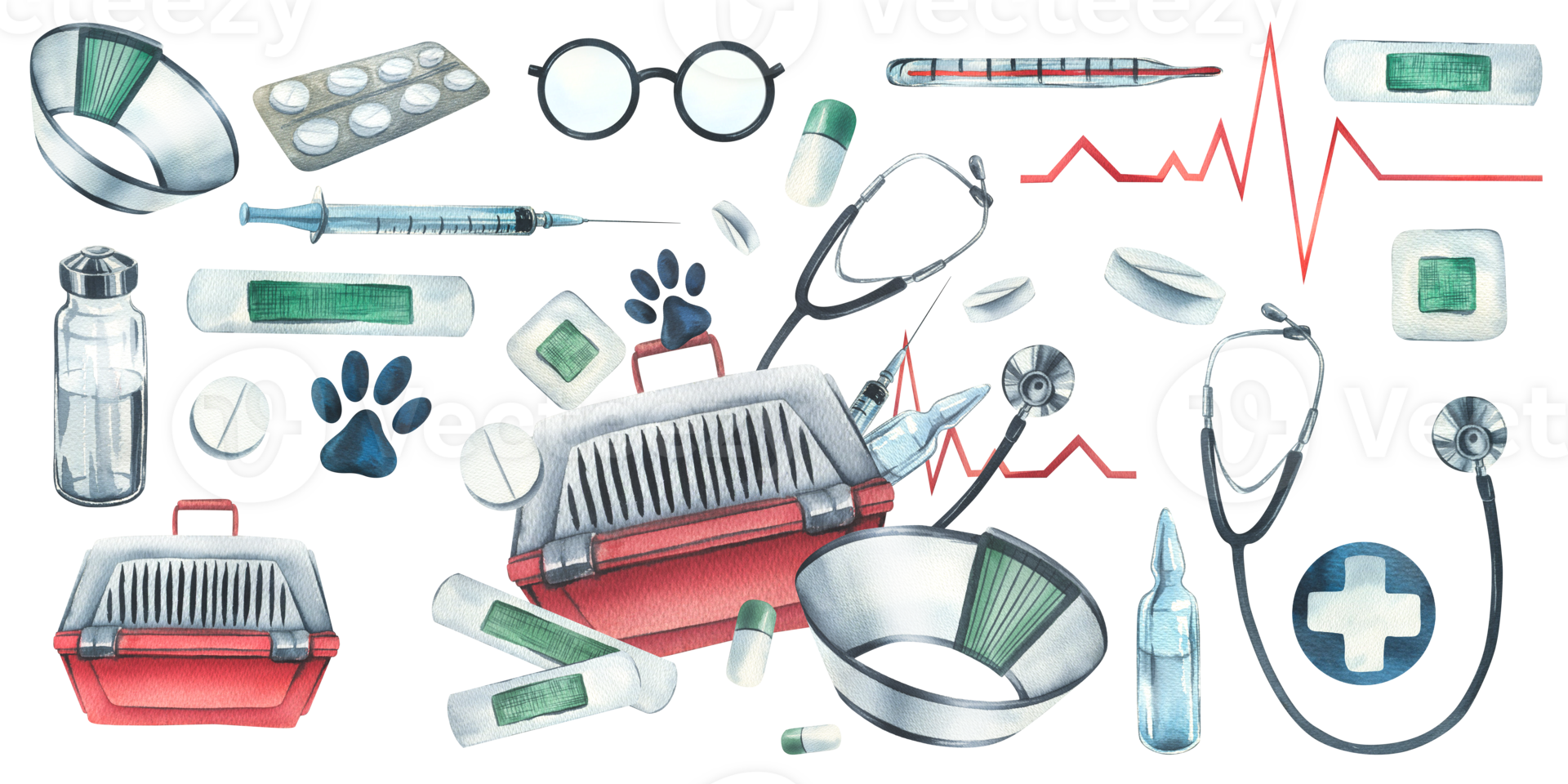 Veterinary equipment. Watercolor illustration. . For the design and decoration of clinics, hospitals, first-aid posts, pharmacies for animals. Composition with elements png