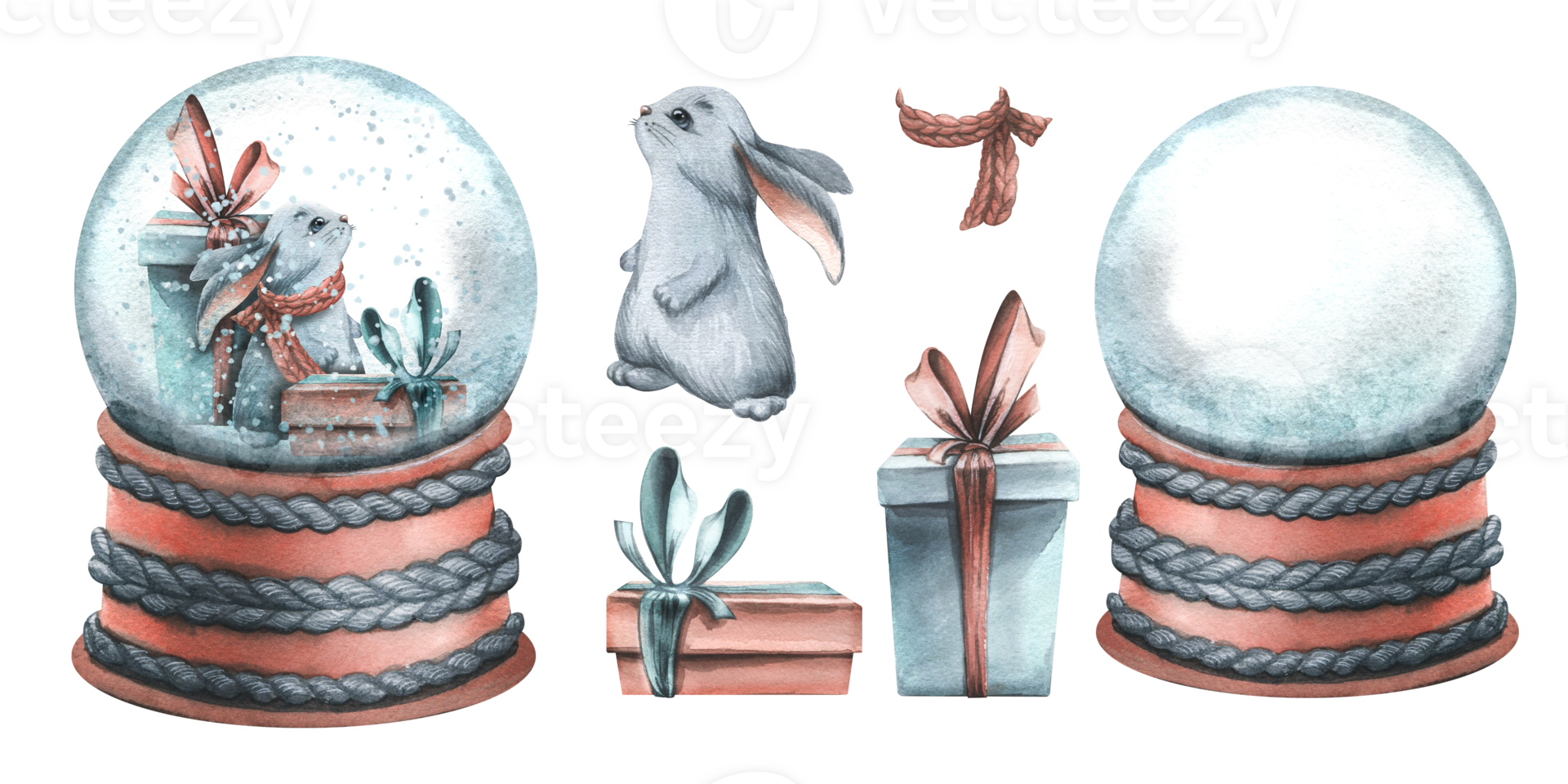 Snow globe with gift boxes and a cute bunny. Watercolor illustration, hand drawn. A winter set isolated objects png