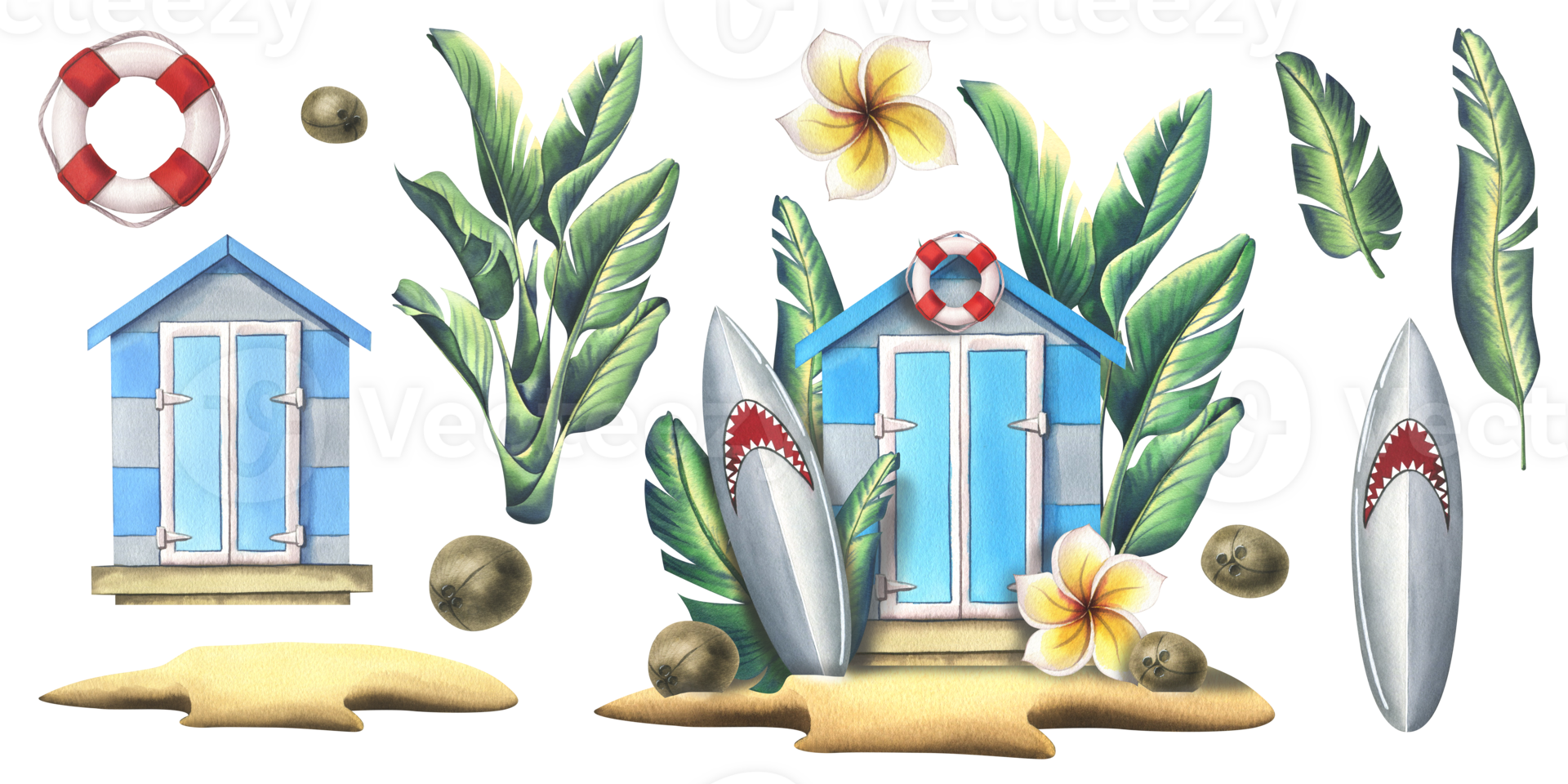 A wooden beach house, a cabin on a tropical island with palm trees, a surfboard with coconuts. Watercolor illustration hand drawn. Set isolated elements png