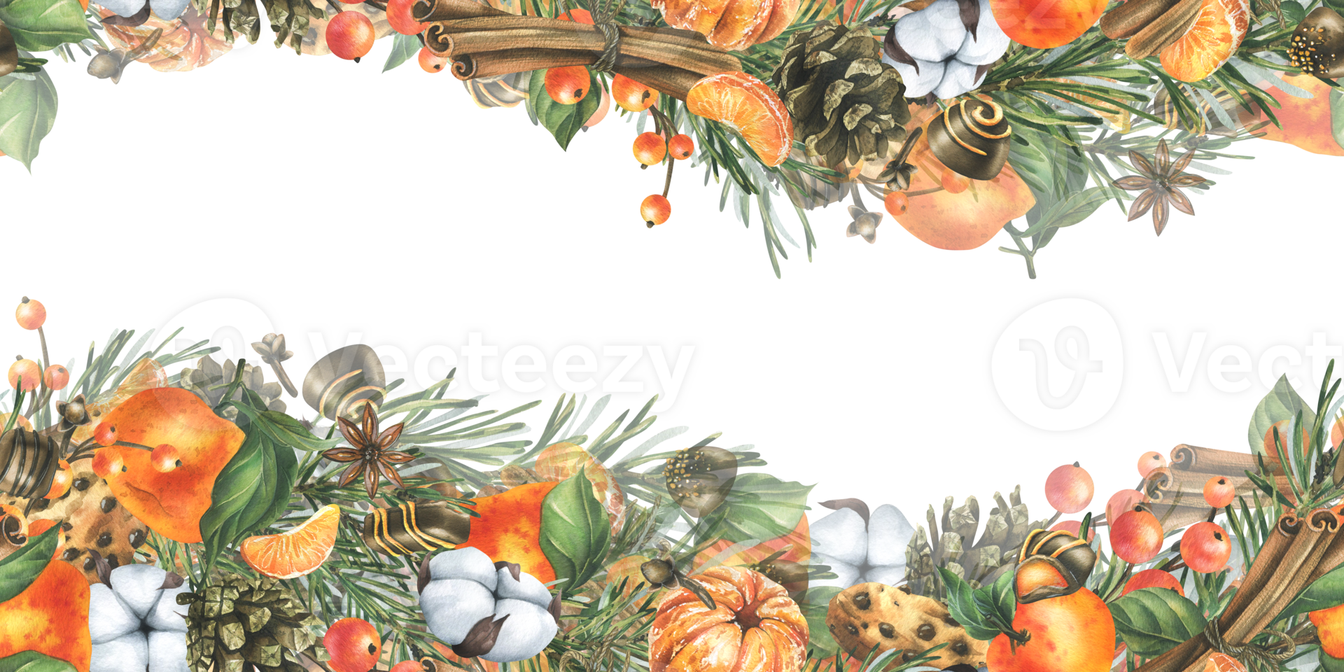 Christmas decor with tangerines, champagne, sweets and pine branches. Watercolor illustration, hand drawn. For congratulations and holiday. Horizontal seamless template garland png
