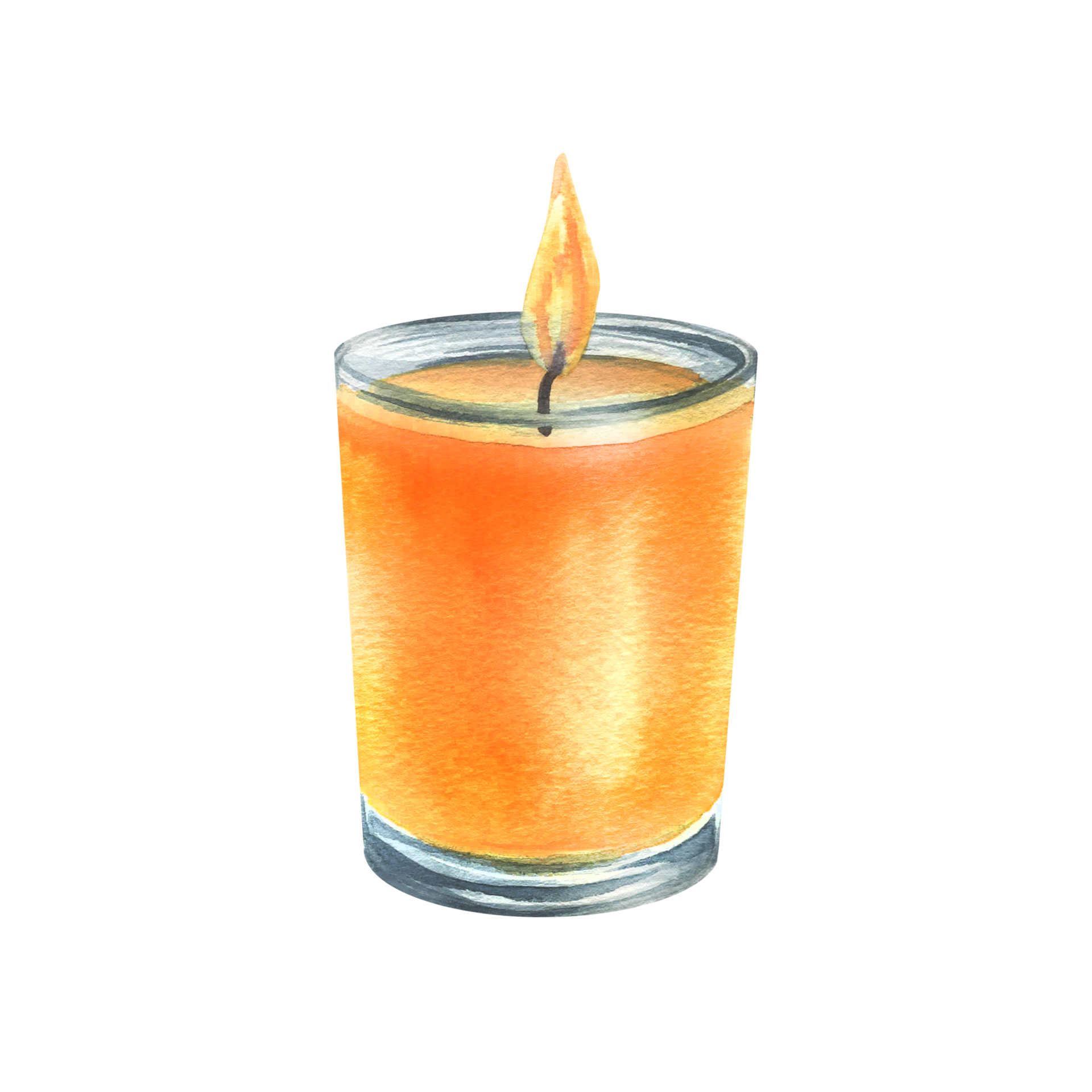 Orange decorative candle in a glass jar with fire flame. Watercolor