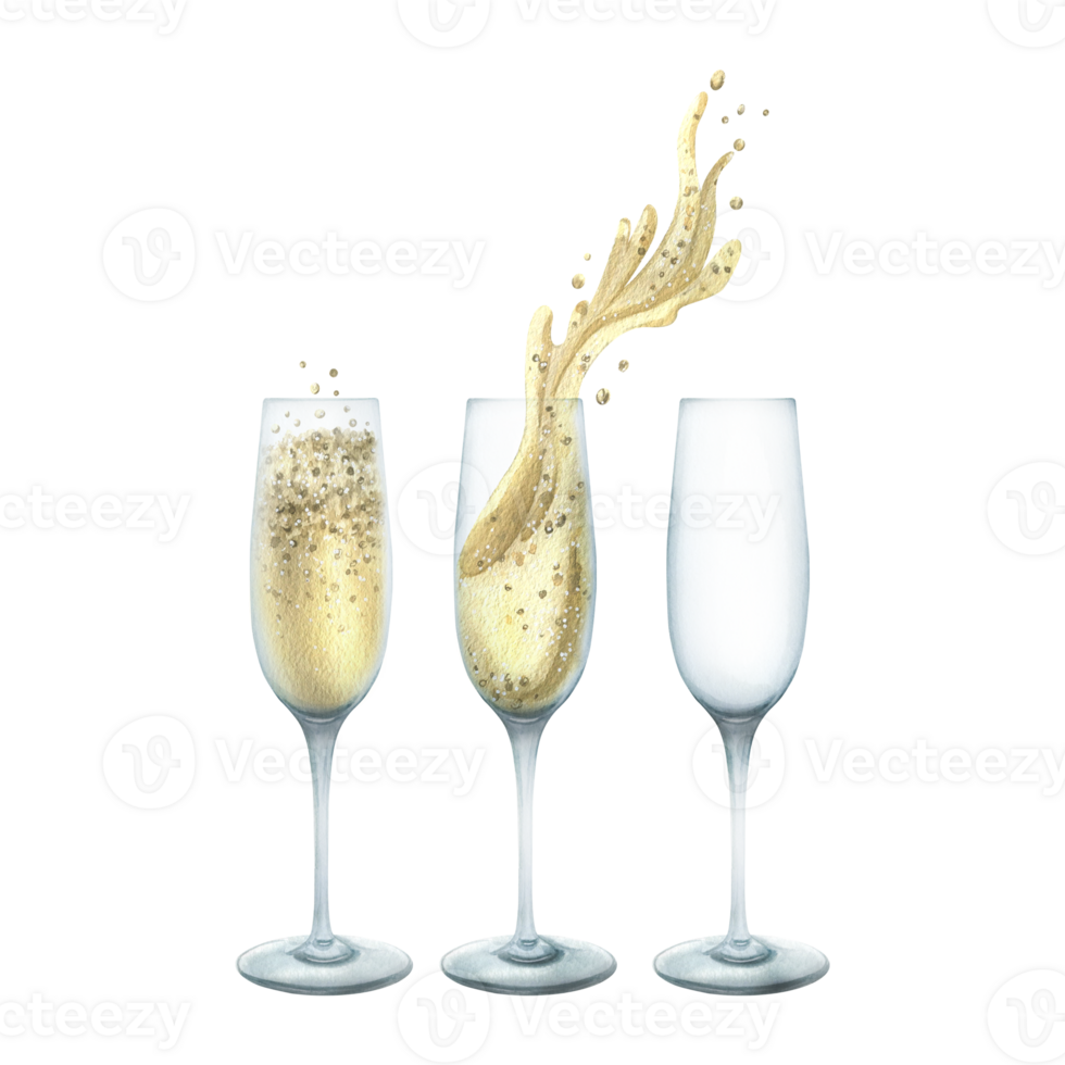 Glasses empty with champagne and with splashes. Watercolor illustration, hand drawn. Isolated elements png