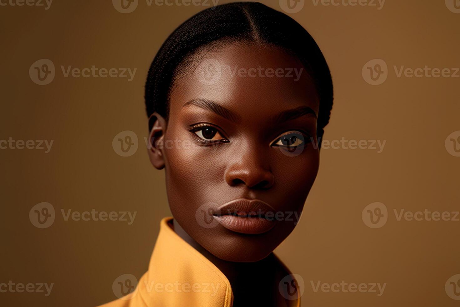 Portrait person with beige background. Fictional person created with photo