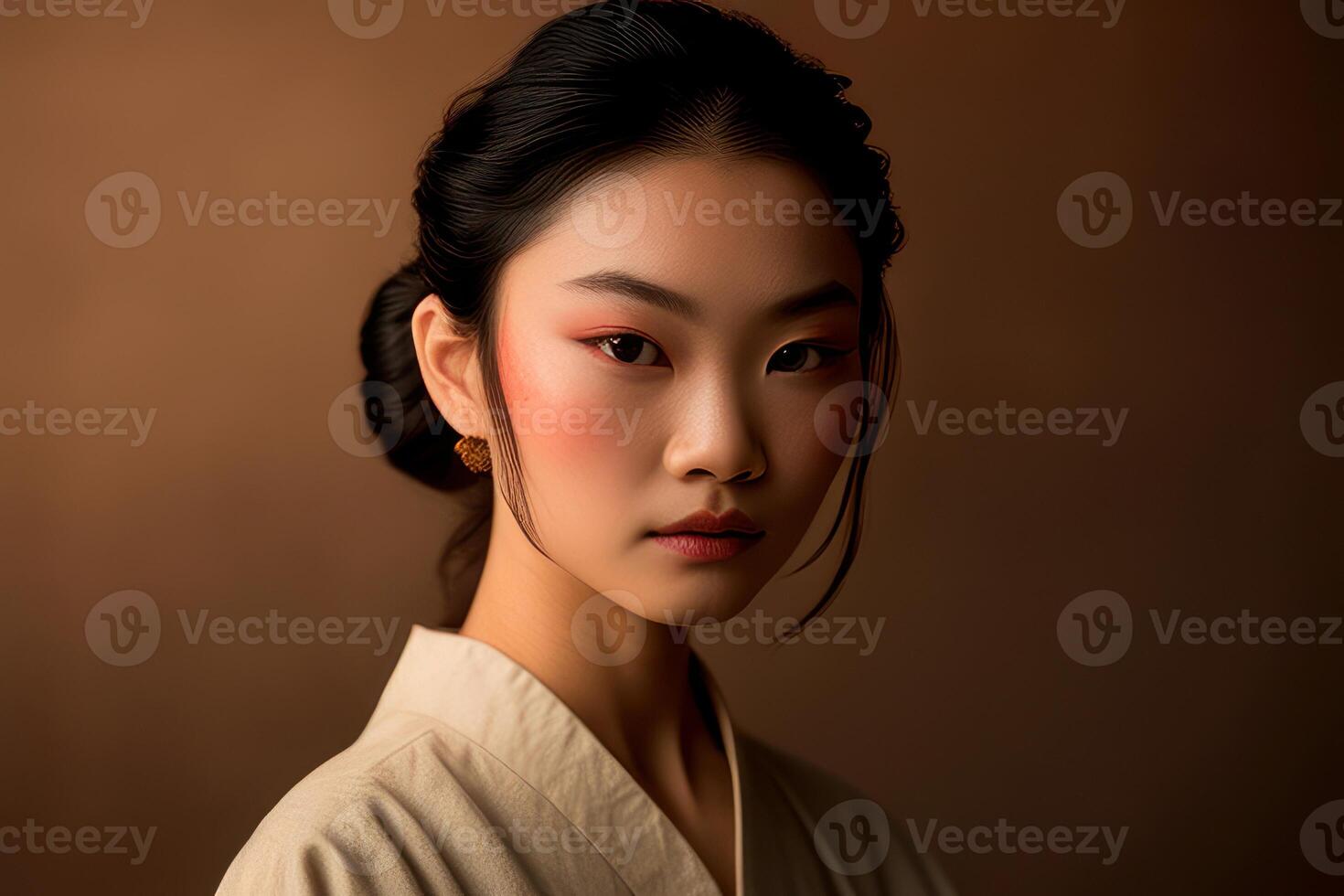 Portrait person with beige background. Fictional person created with photo