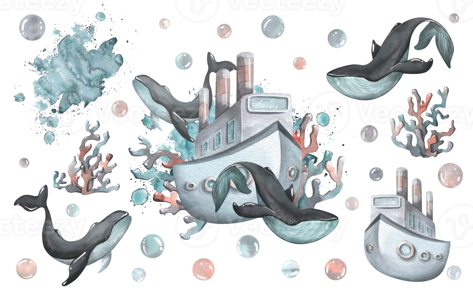 A steamer with whales, corals, bubbles and splashes of water. Watercolor illustration hand drawn. Set of isolated elements png