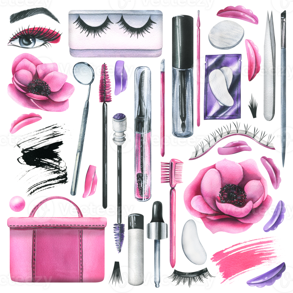 Set of professional cosmetics and pink bag tools for makers of lamination, painting eyelashes and eyebrows. Watercolor illustration, hand drawn. Isolated objects png