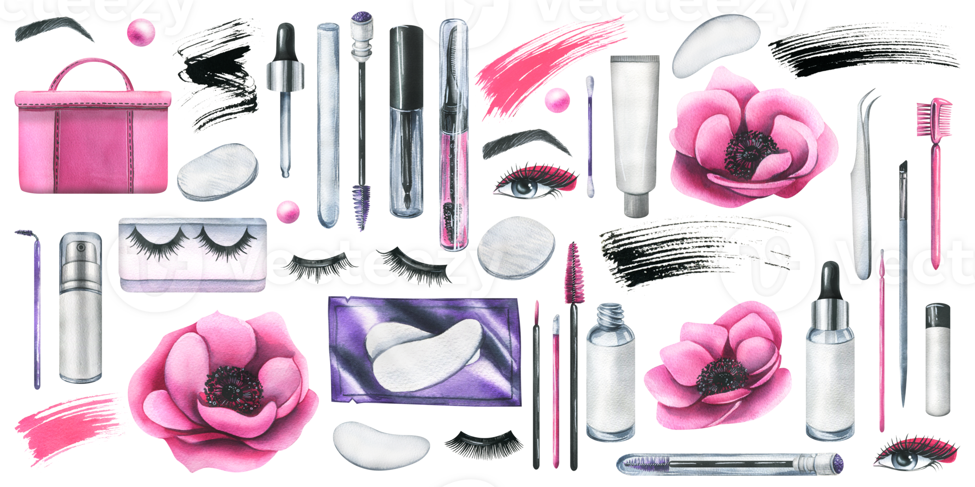 Pink cosmetic bag with anemone flowers and various decorative and skin care cosmetics. Watercolor illustration, hand drawn. Set of isolated elements png