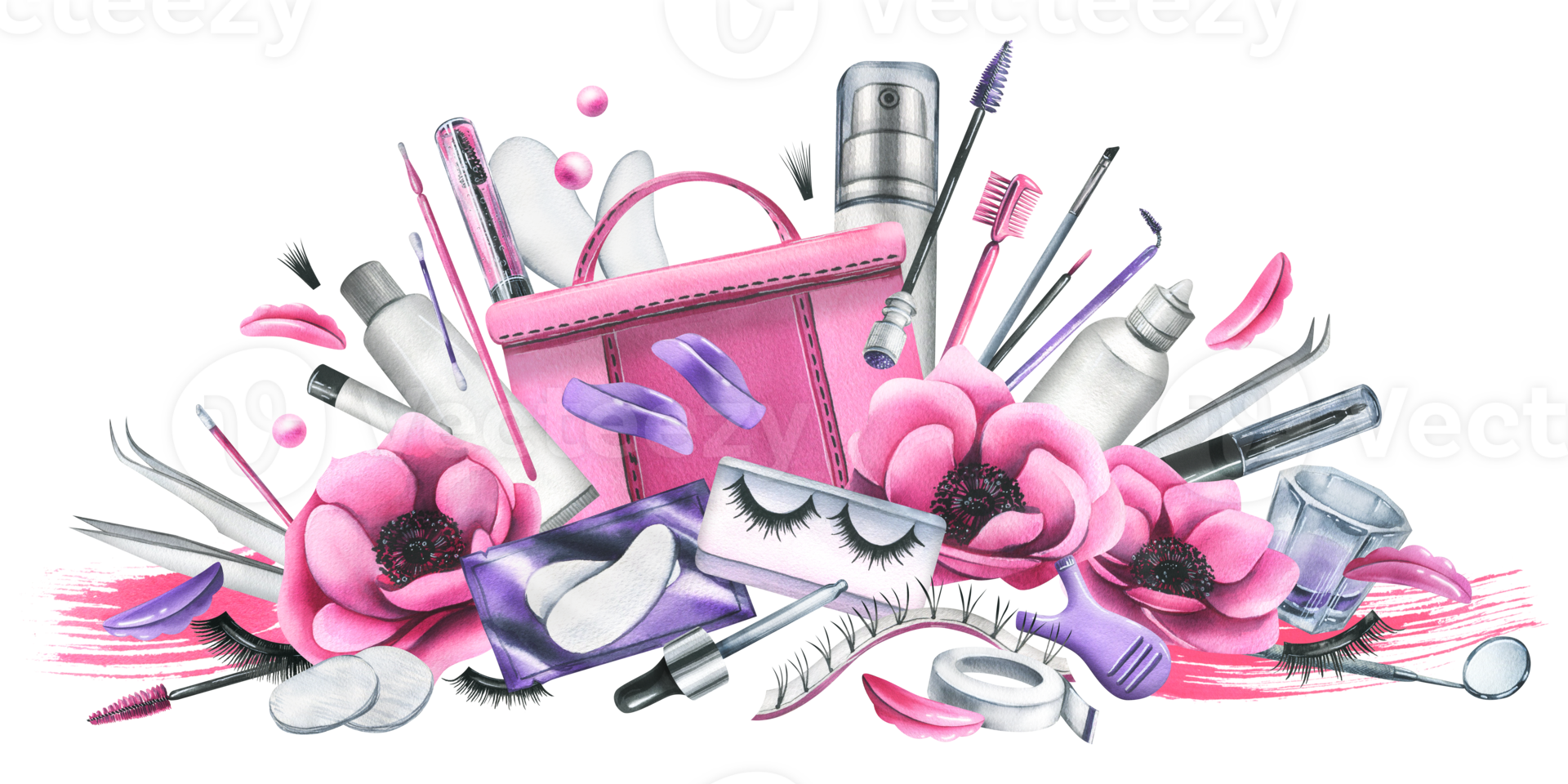 Pink cosmetic bag with beauty master's tools for eyelash extension and lamination, with brushes, silicone rollers. Watercolor illustration, hand drawn. Isolated composition png