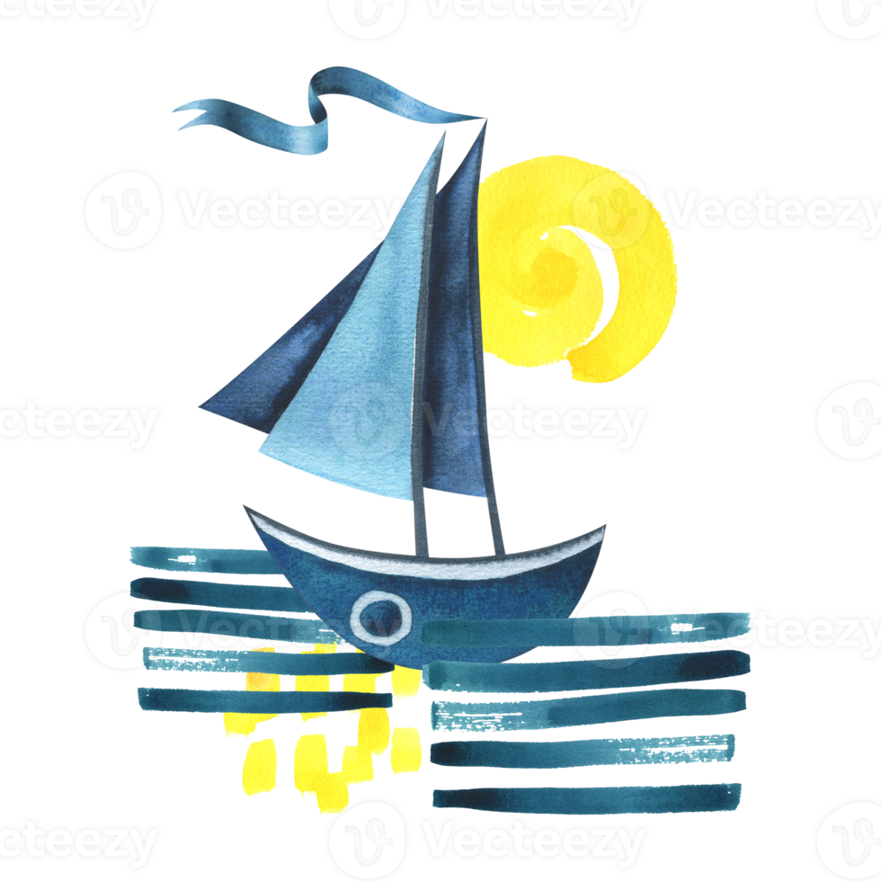 Sailing blue boat with a ribbon floating on the water with a yellow sun. Watercolor illustration hand drawn in a simple abstract childish style. Isolated composition png