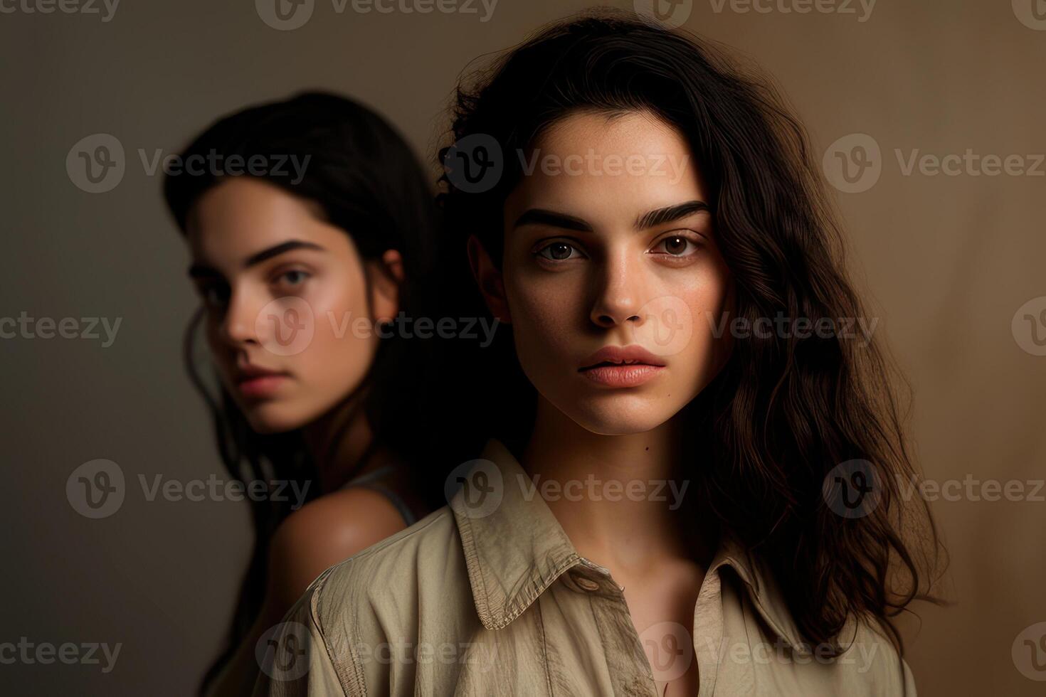 Portrait person with beige background. Fictional person created with photo