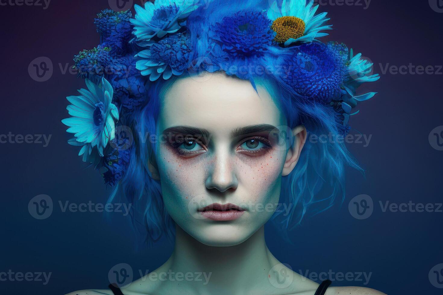 Portrait of a person with blue background. Fictional person created with photo