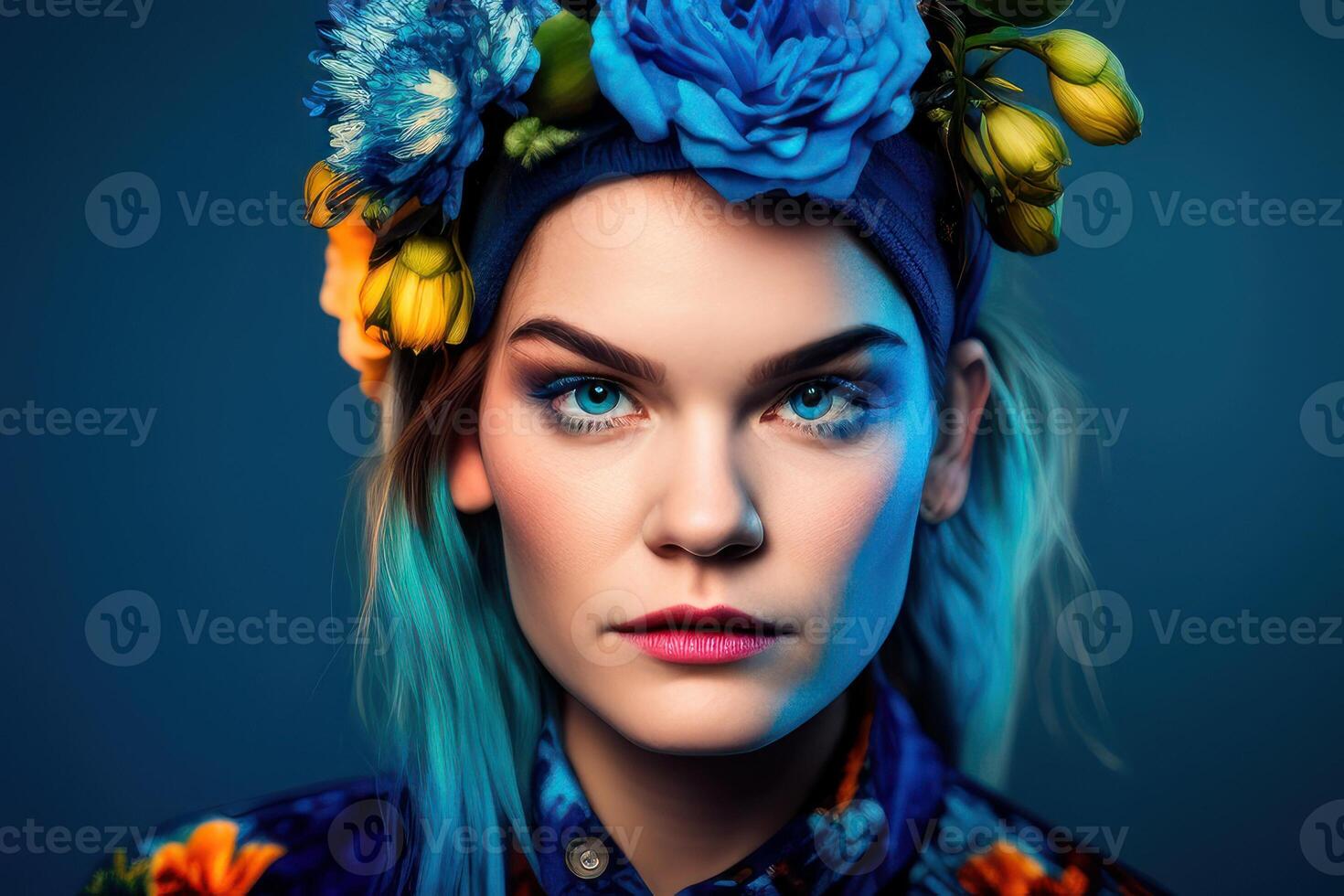 Portrait of a person with blue background. Fictional person created with photo