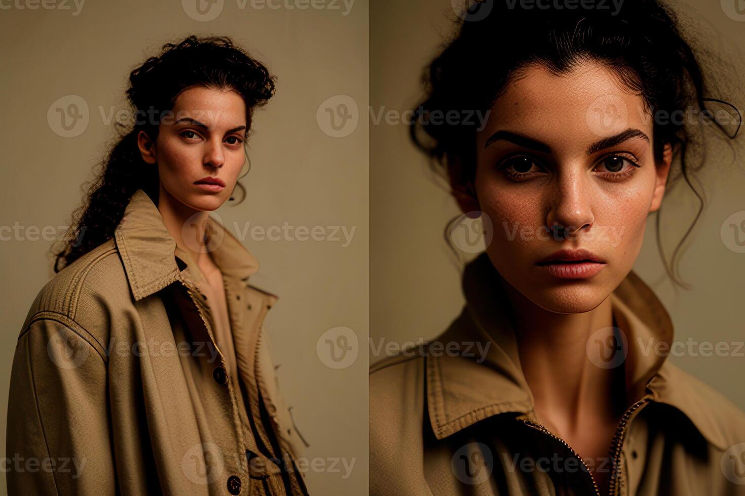 Portrait person with beige background. Fictional person created with photo