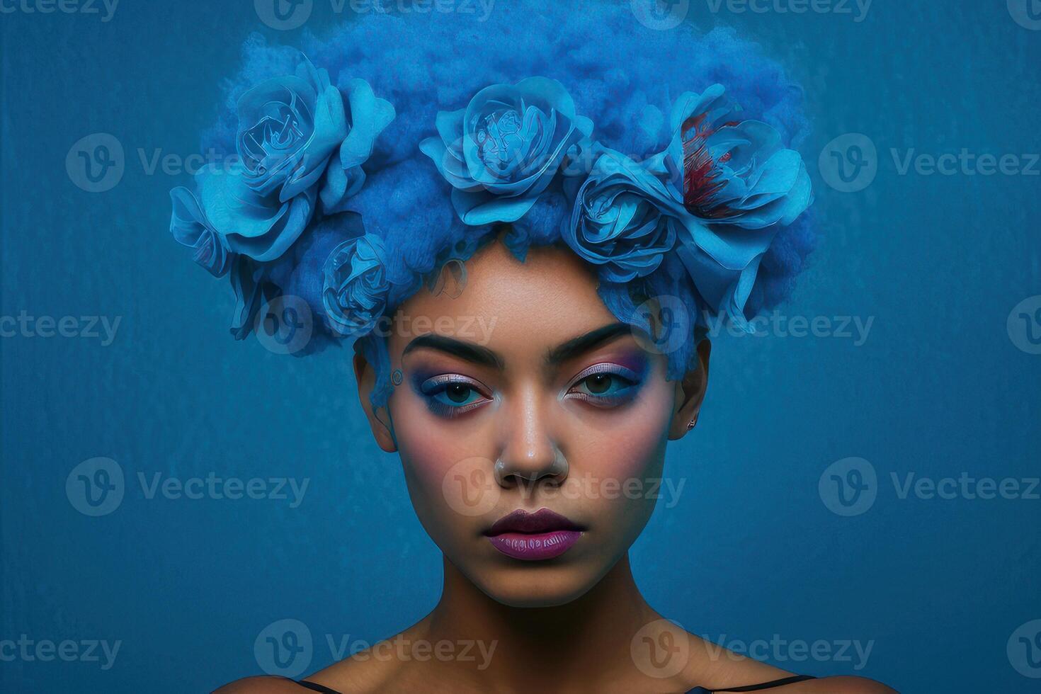 Portrait of a person with blue background. Fictional person created with photo