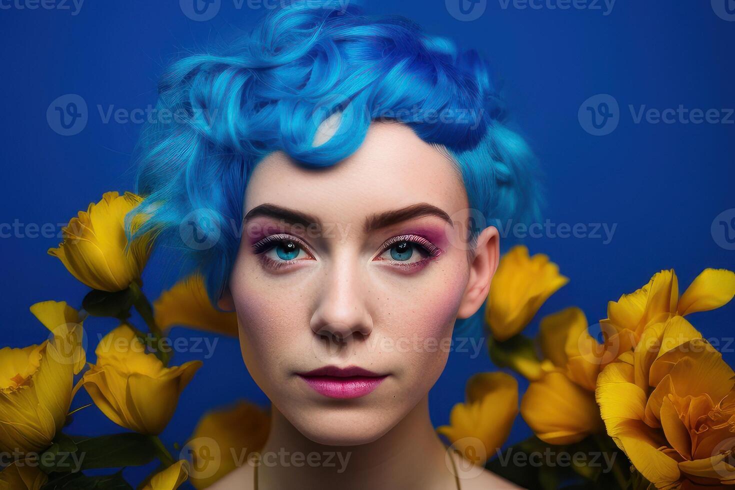 Portrait of a person with blue background. Fictional person created with photo