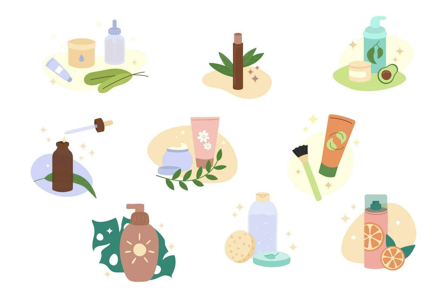 Natural skin care products. Cosmetics for self care daily routine. Organic cosmetic lotion, moisturizer, serum and sunscreen. Vector set of flat illustrations