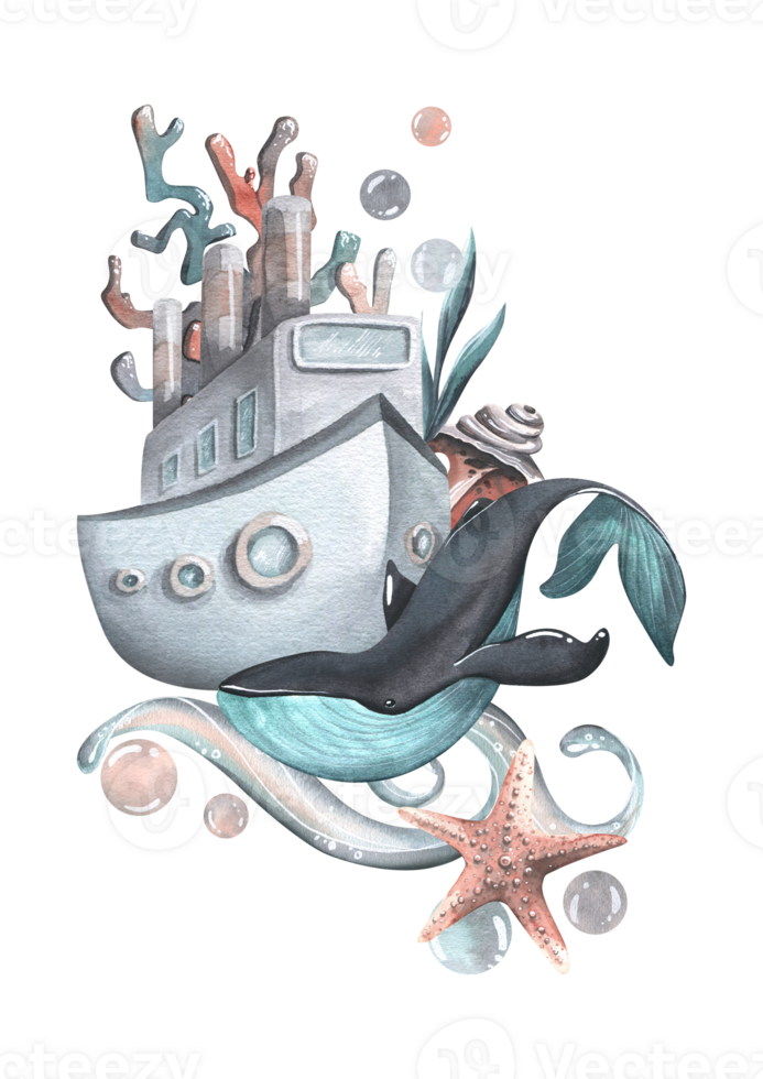 Steamboat with pipes, whale, coral, wave, algae, bubbles and starfish. Watercolor illustration, hand drawn. Marine isolated composition png