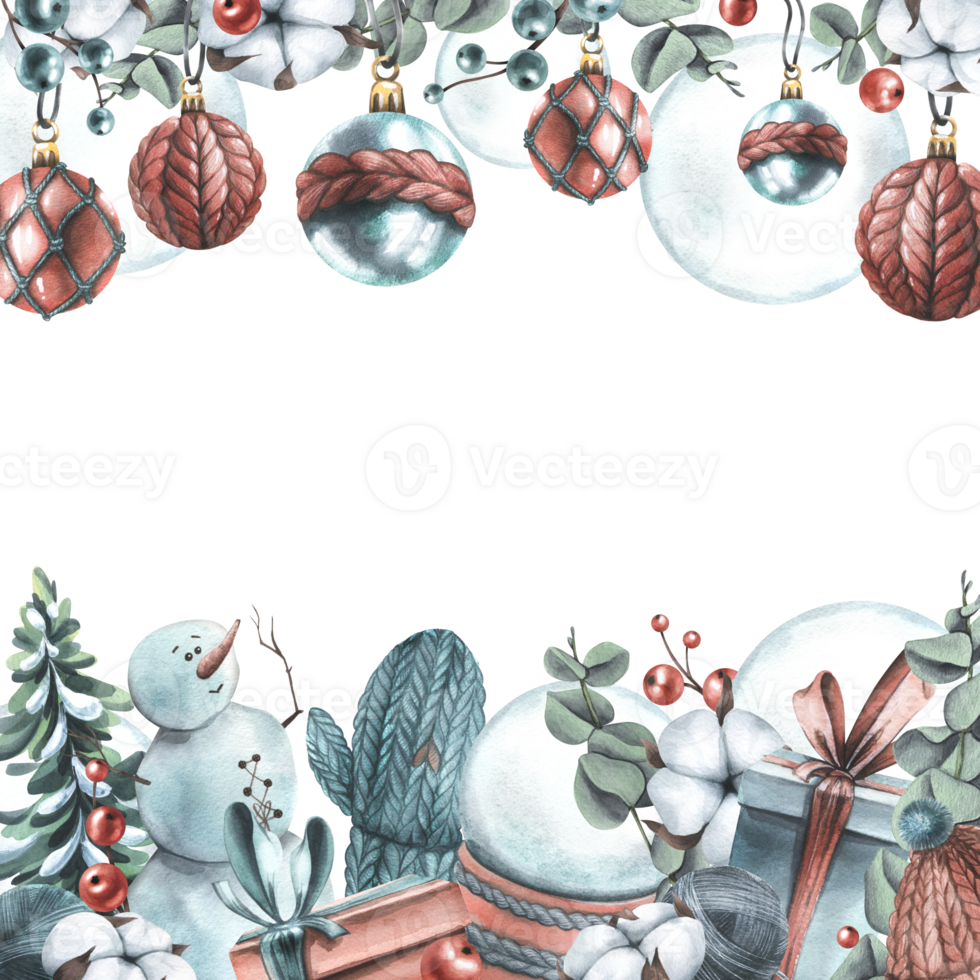 Winter, New Year, Christmas border with snowman, knitted things, cotton, Christmas balls, toys, gifts. Watercolor illustration hand drawn, template png