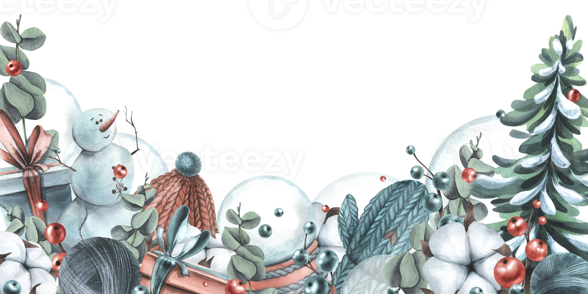 Winter, New Year, Christmas border with snowman, knitted things, cotton, Christmas balls, toys, gifts. Watercolor illustration hand drawn, template png