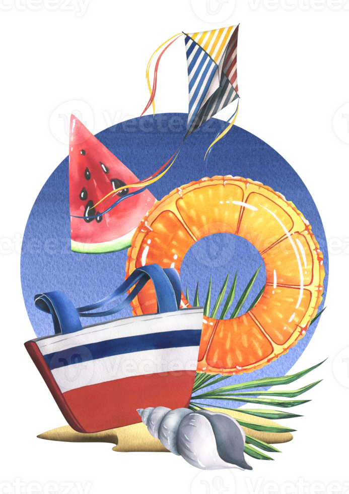 Striped beach bag with inflatable ring orange, seashell, palm branch, watermelon and kite on a tropical island. Watercolor illustration, hand drawn. Isolated composition png