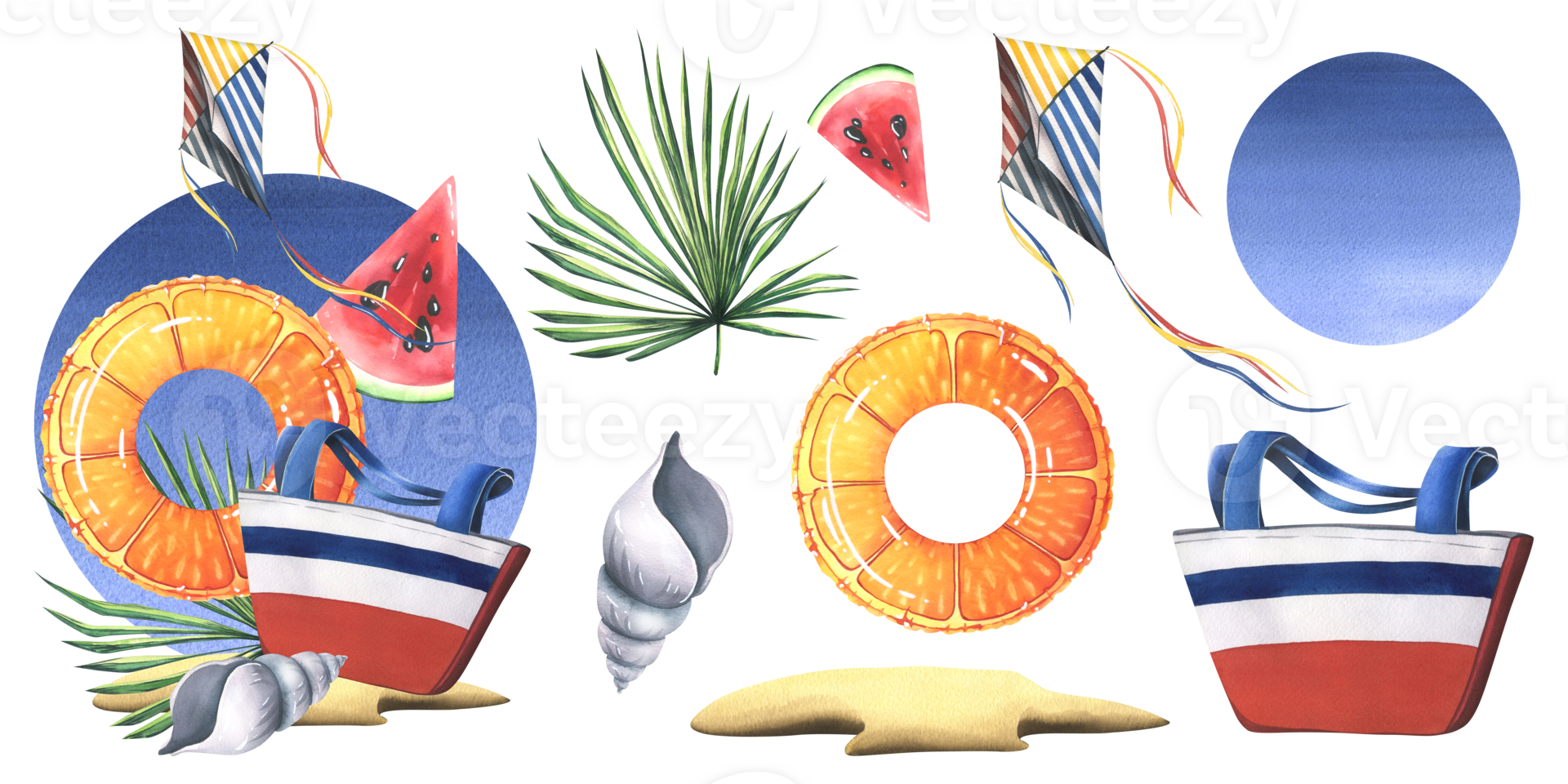 randig strand väska med uppblåsbar ringa orange, snäckskal, handflatan gren, vattenmelon och drake på en tropisk ö. vattenfärg illustration, hand ritade. uppsättning av isolerat element png