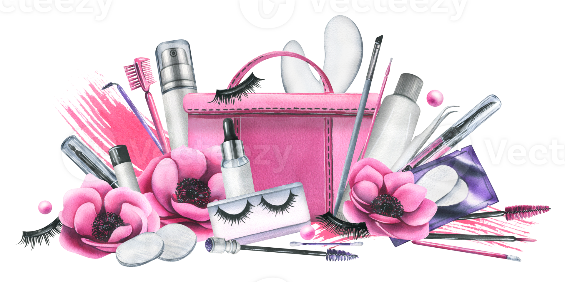 Pink cosmetic bag with tools for artificial eyelash extensions, brushes, false eyelashes, products in bottles. Watercolor illustration, hand drawn. Isolated composition png