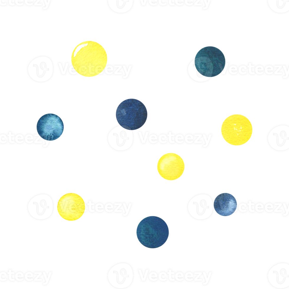 Bright turquoise, blue and yellow dots. Watercolor illustration hand drawn in a children's simple style. A set of isolated elements png