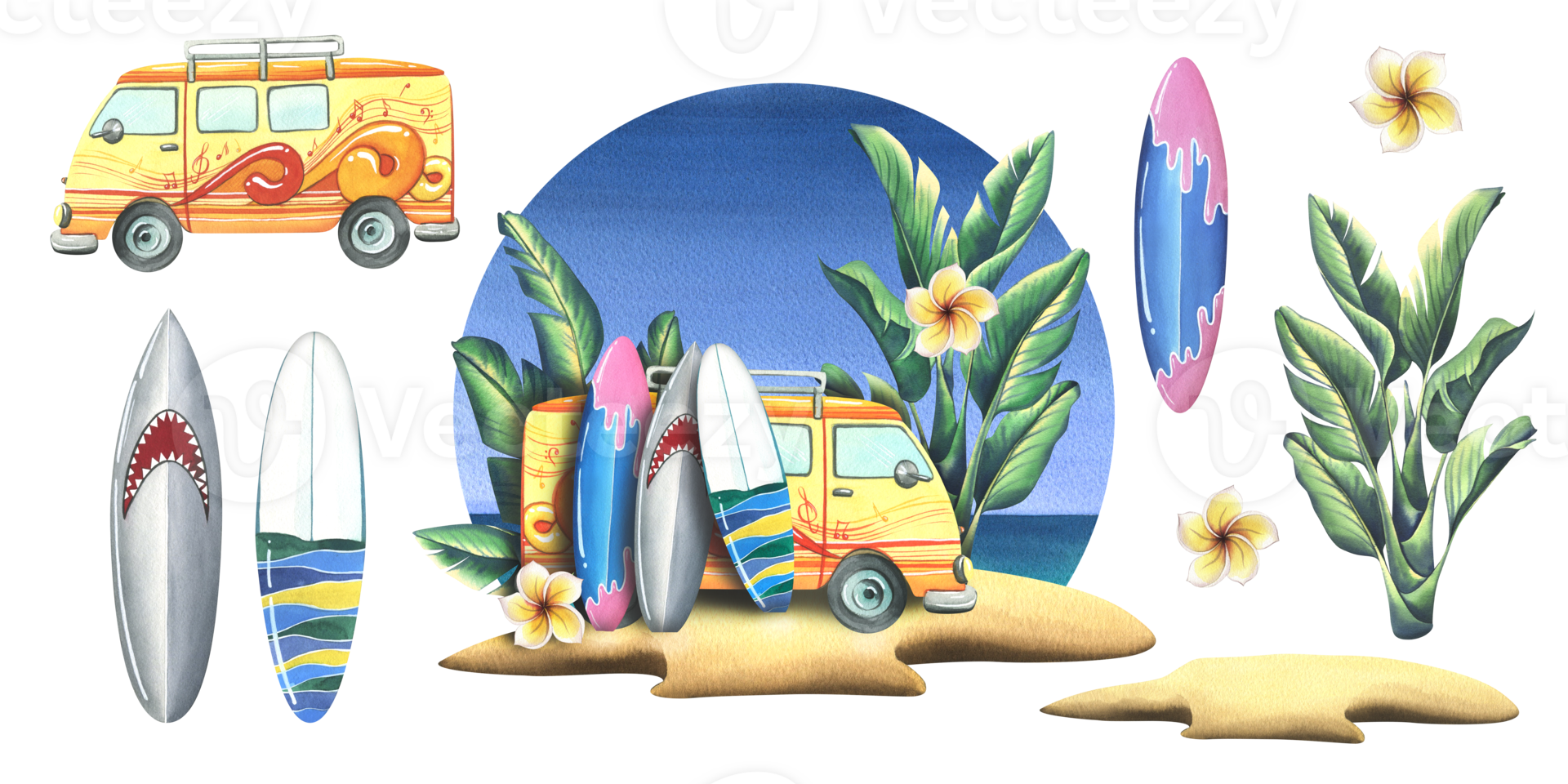 A tropical island with surfboards, palm trees against the sky and sea. Watercolor illustration hand drawn. Set of isolated elements stickers png