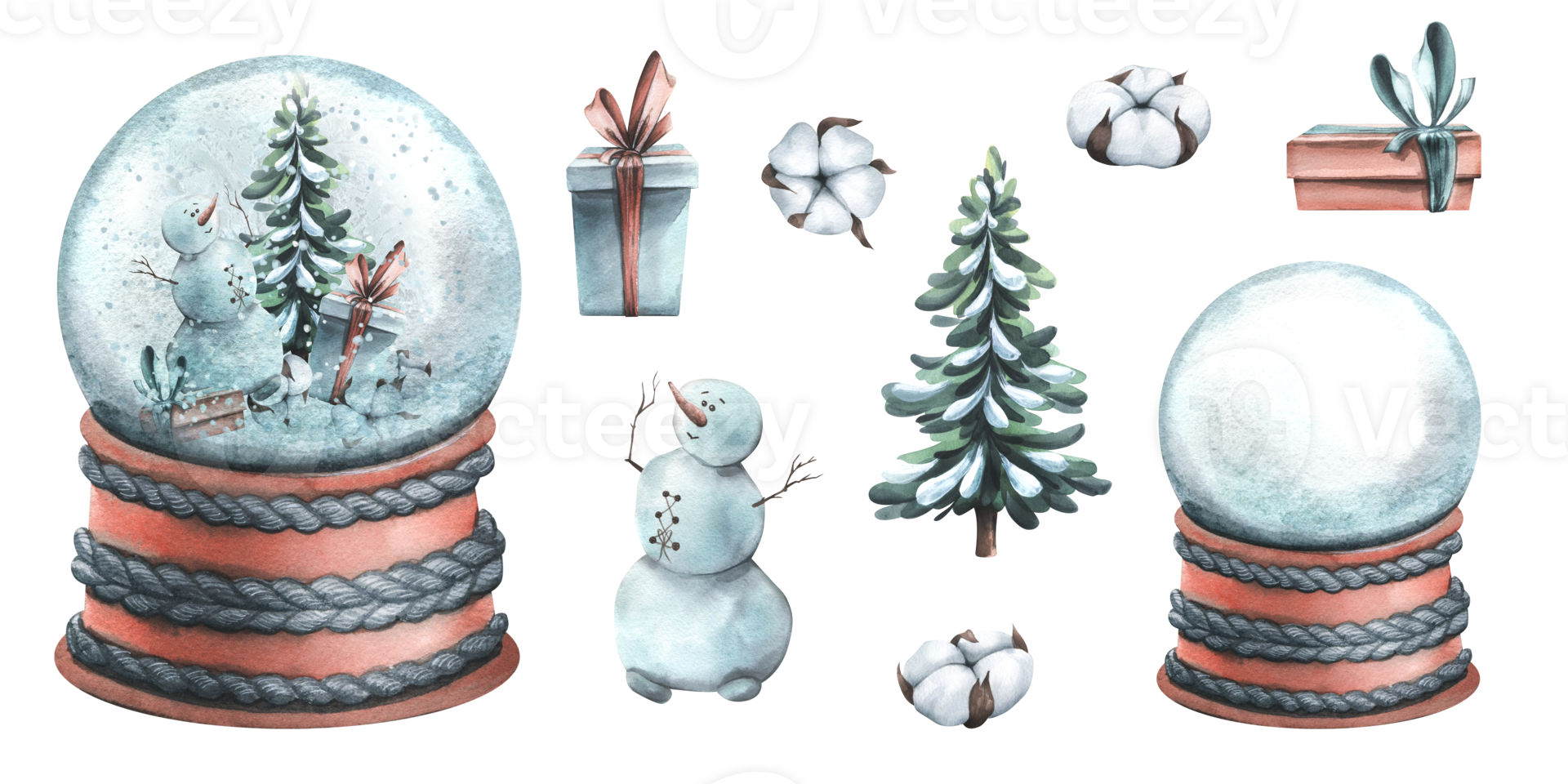 Glass snow globe on a knitted stand with a snowman, Christmas tree, gift boxes, cotton flowers. Watercolor illustration, hand drawn. Set of isolated clip art elements png