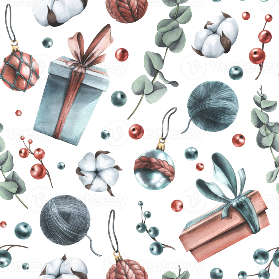 Winter, New Year, Christmas seamless pattern with cotton, eucalyptus, berries, gifts, Christmas balls. Watercolor illustration hand drawn. Seamless pattern png