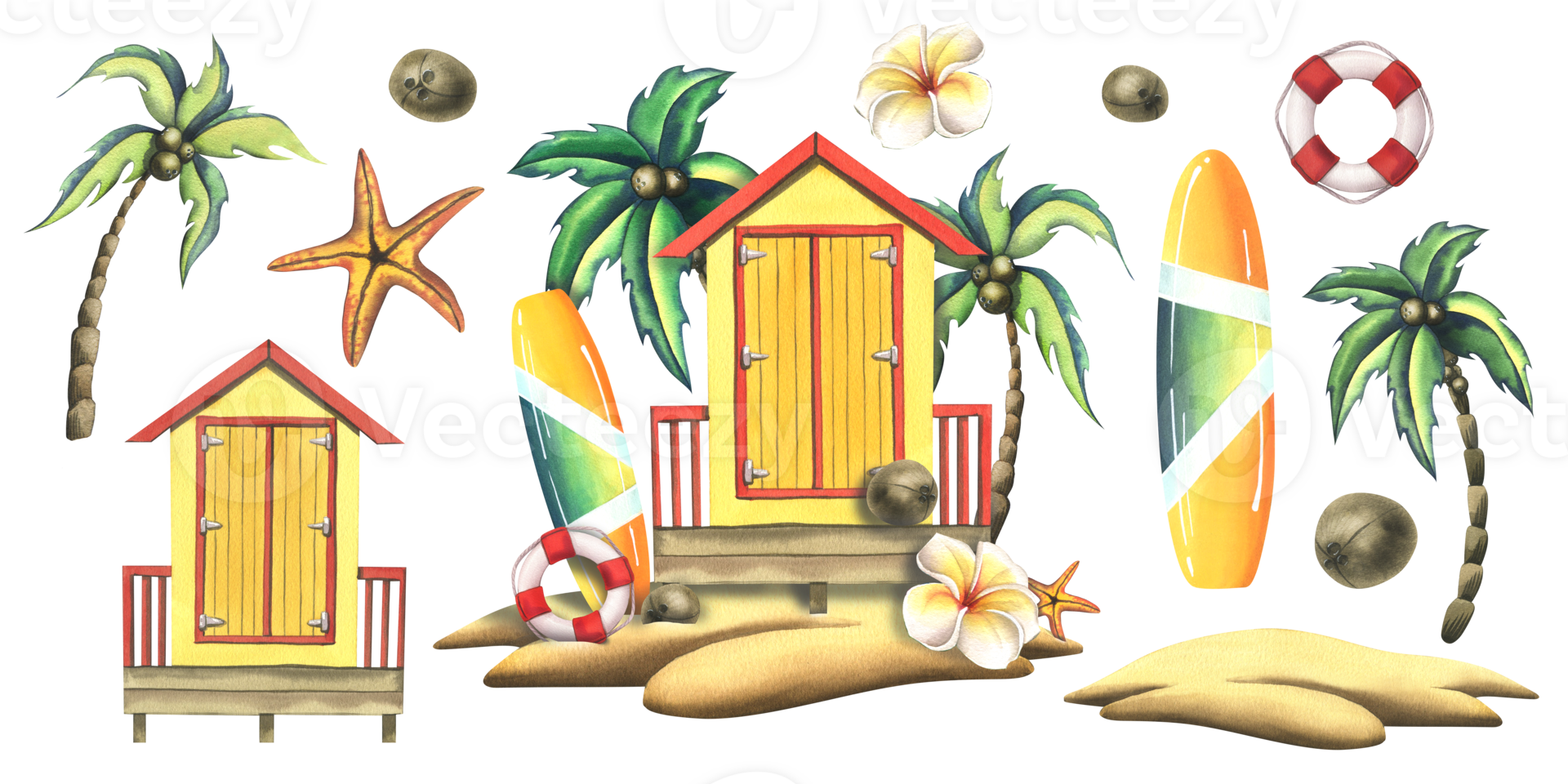 A wooden, striped, beach cabin with a surfboard, coconuts, a lifebuoy on a tropical island. Watercolor illustration hand drawn. Set of isolated elements png