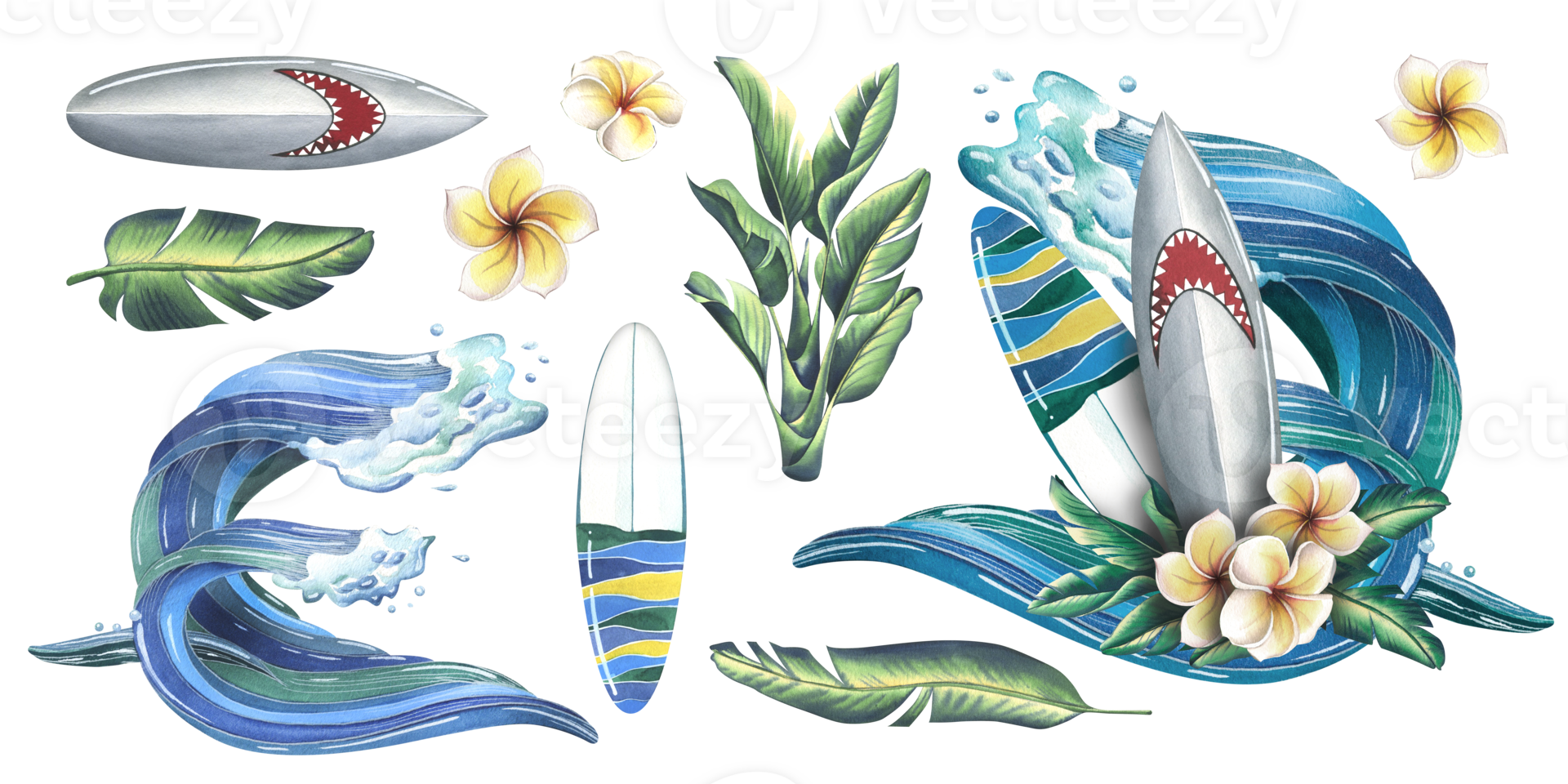 tavole da surf con tropicale palma le foglie e frangipani fiori su un' onda sfondo. acquerello illustrazione mano disegnato. impostato di isolato elementi adesivi png