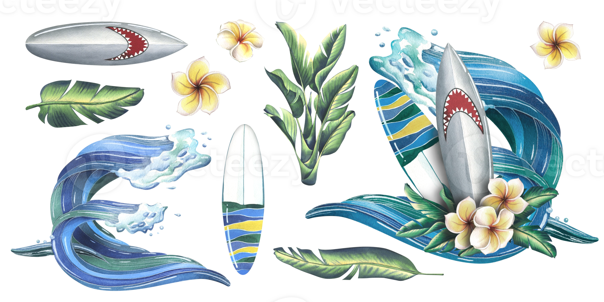 Surfboards with tropical palm leaves and frangipani flowers on a wave background. Watercolor illustration hand drawn. Set of isolated elements stickers png