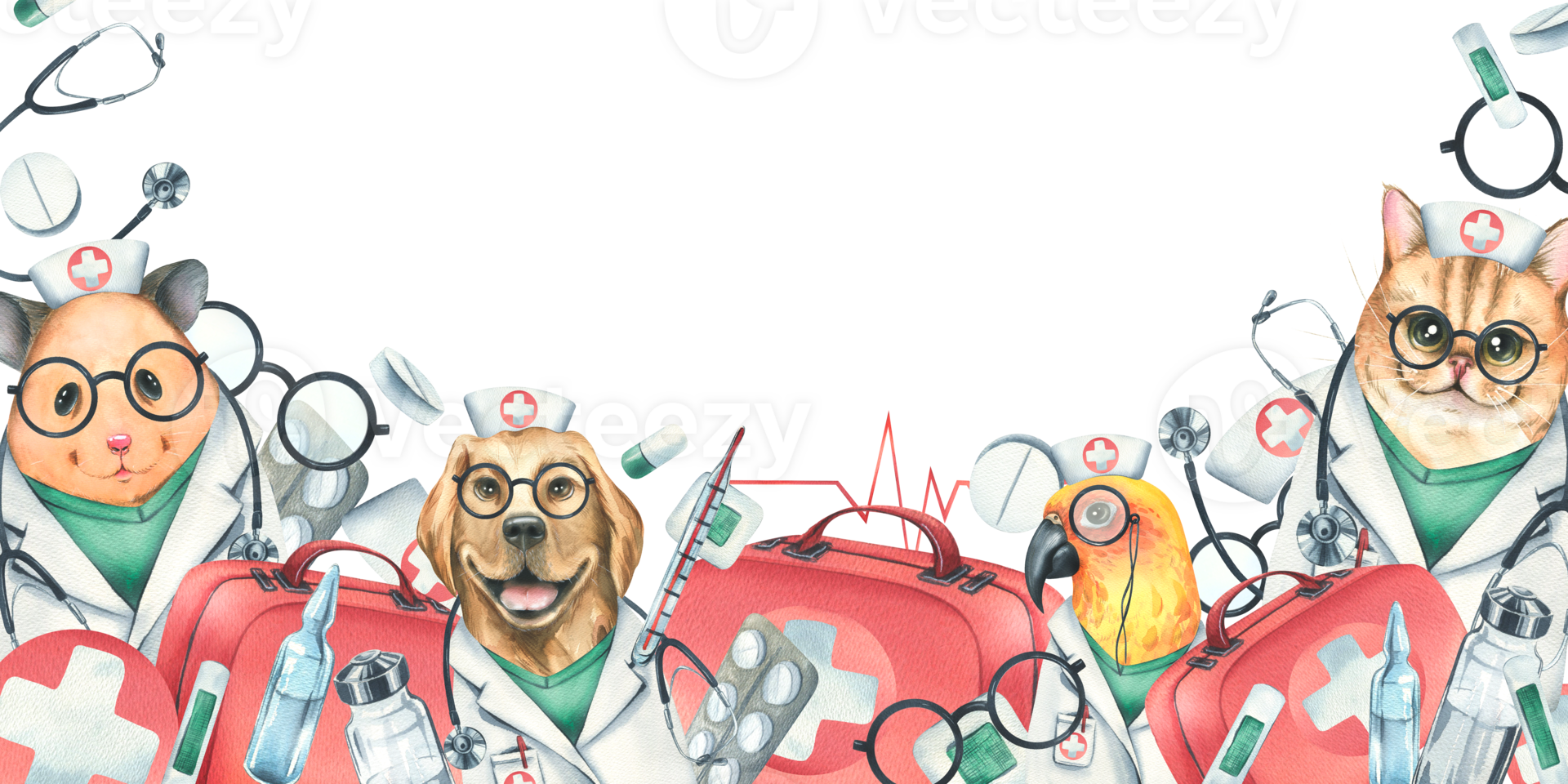 Dog, cat, hamster, parrot doctors in a dressing gown, glasses, with a stethoscope, a suitcase and medical instruments, injections. Watercolor illustration hand drawn. Template png